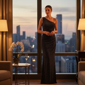 Silver/Black Sequin|Eliza J One-Shoulder Glitter Maxi Dress| Size 4